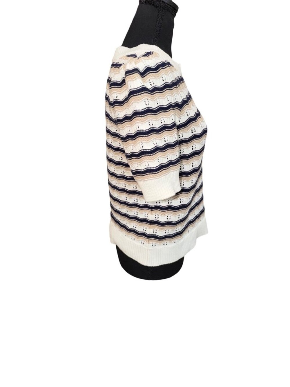 Marled Women Knit Short Sleeve Sweater M Beige Navy White Stripe Nautical Preppy - Picture 5 of 12